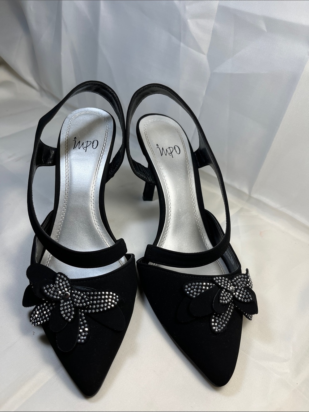 IMPO Black Pointed-Toe Slingback Heels with Rhinestone Floral Accent